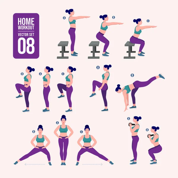 Thuis Trainingsset Sportieve Oefeningen Oefeningen Met Vrij Gewicht Illustratie Van — Stockvector
