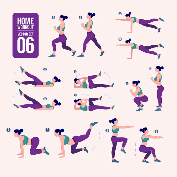 Evde antrenman seti. Spor egzersizleri seti. Serbest ağırlık egzersizleri. Aktif bir yaşam tarzının tasviri. Kadın spor yapıyor, yoga yapıyor.