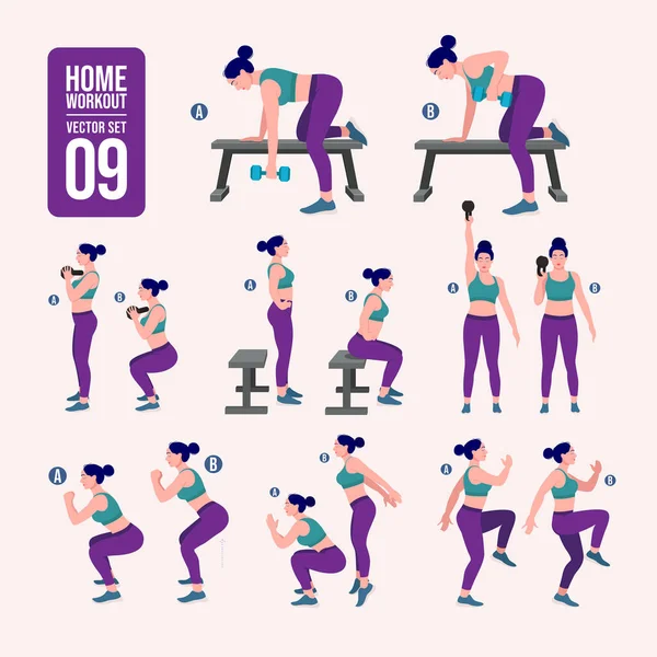 Evde antrenman seti. Spor egzersizleri seti. Serbest ağırlık egzersizleri. Aktif bir yaşam tarzının tasviri. Kadın spor yapıyor, yoga yapıyor.