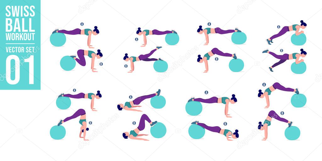 Swiss ball workout set. Young woman doing Stability ball exercises. Vector illustration.
