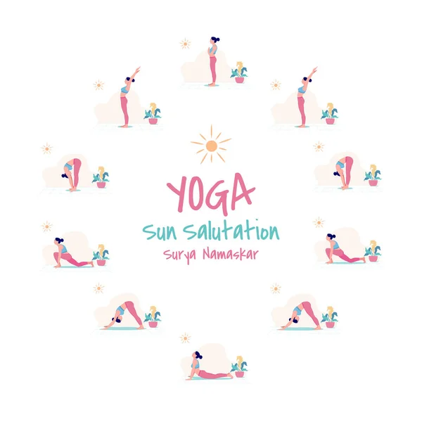 Yoga egzersizinin vektör illüstrasyon seti: Güneş Selamı / Surya Namaskar. Farklı yoga pozisyonlarında zayıf kadınlar, kadın yoga antrenmanı spor salonu, vektör illüstrasyon seti..
