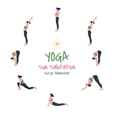 Yoga egzersizinin vektör illüstrasyon seti: Güneş Selamı / Surya Namaskar. Farklı yoga pozisyonlarında zayıf kadınlar, kadın yoga antrenmanı spor salonu, vektör illüstrasyon seti..