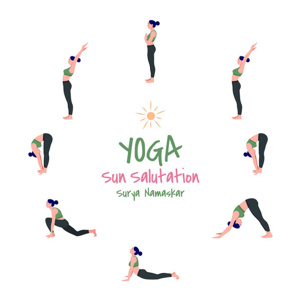 Vector illustration set of yoga exercise Sun Salutation / Surya Namaskar. slim women in different yoga positions, Woman yoga workout fitness, Vector illustration set.