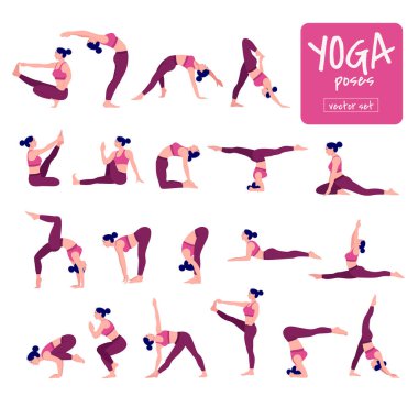 Yoga çalışan kız seti. Fiziksel egzersiz yapan genç kadın koleksiyonu. Çeşitli yoga pozisyonlarını gösteren, Renkli düz vektör çizimi.
