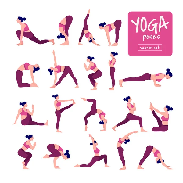 Yoga çalışan kız seti. Fiziksel egzersiz yapan genç kadın koleksiyonu. Çeşitli yoga pozisyonlarını gösteren, Renkli düz vektör çizimi.