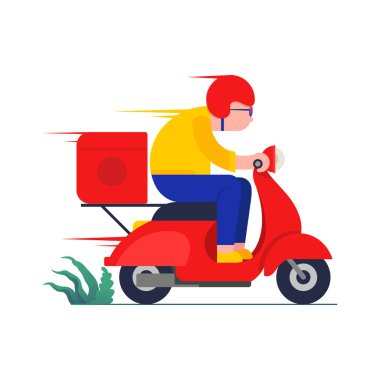 Çevrimiçi dağıtım hizmeti konsepti, teslimatçı adam kırmızı scooter çizimi yapıyor. Yemek teslimatçısı vektörü