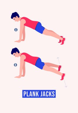 Plank Jacks egzersizi yapan erkekler, spor yapan erkekler, aerobik ve egzersiz yapanlar. Vektör İllüstrasyonu.