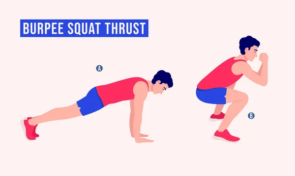 Burpee Squat itiş egzersizi yapan erkekler spor yapan erkekler, aerobik yapan ve egzersiz yapan erkekler. Vektör İllüstrasyonu.
