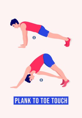 Erkekler Plank to Toe egzersizi yapıyor, Erkekler spor yapıyor, aerobik yapıyor ve egzersiz yapıyor. Vektör İllüstrasyonu.
