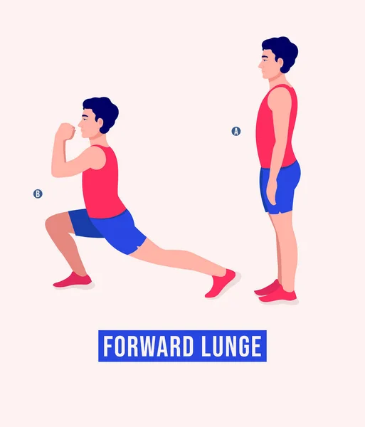 Men Doing Forward Lunge Exercise Men Workout Fitness Aerobic Exercises — Stock Vector