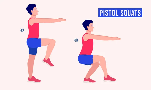 Muži Dělají Pistol Squats Cvičení Muži Cvičení Fitness Aerobic Cvičení — Stockový vektor