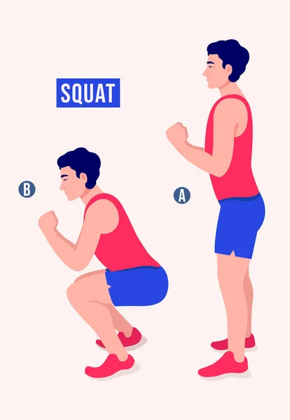 Men Doing Squat Exercise Men Workout Fitness Aerobic Exercises Vector — Stock Vector