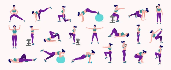 Allenamento Ragazza Impostato Donna Che Esercizi Fitness Yoga Lunghe Squat — Vettoriale Stock
