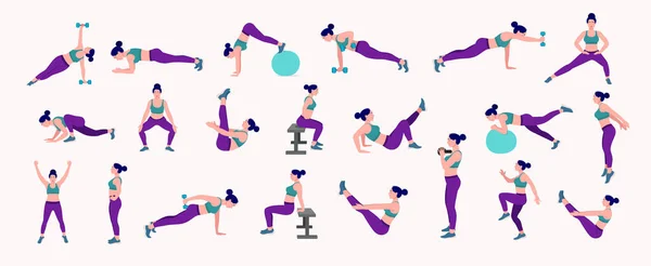 Antrenman kızı seti. Kadın spor yapıyor, yoga yapıyor. Akciğerler ve çömelmeler, kalas ve kalas. Tüm vücut egzersizi.