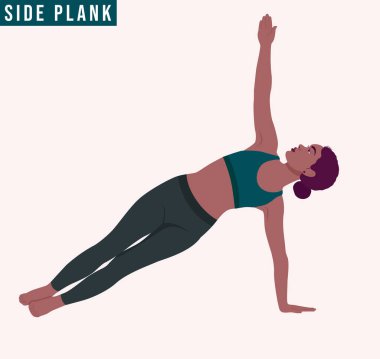 Plank pozu / Phalakasana Yoga pozu pratiği yapan genç bir kadın. Kadın spor, aerobik ve egzersizler. Vektör İllüstrasyonu.