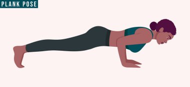 Plank pozu / Phalakasana Yoga pozu pratiği yapan genç bir kadın. Kadın spor, aerobik ve egzersizler. Vektör İllüstrasyonu.
