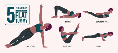 Düz bir mide için 5 yoga pozu. Yoga ve egzersiz yapan genç bir kadın. Kadın spor, aerobik ve egzersizler. Vektör İllüstrasyonu.