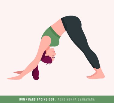 Aşağı bakan köpek / Adho Mukha Svanasana Yoga pozu. Yoga ve egzersiz yapan genç bir kadın. Kadın spor, aerobik ve egzersizler. Vektör İllüstrasyonu.