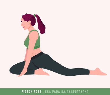 Güvercin Pozu / Eka Pada RajakapotasanaYoga pozu. Yoga ve egzersiz yapan genç bir kadın. Kadın spor, aerobik ve egzersizler. Vektör İllüstrasyonu.