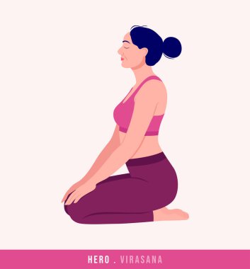 Kahraman / Virasana Yoga pozu. Yoga ve egzersiz yapan genç bir kadın. Kadın spor, aerobik ve egzersizler. Vektör İllüstrasyonu.
