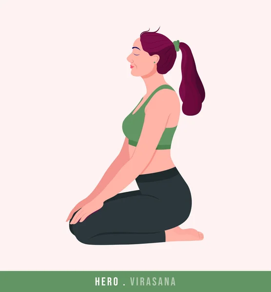 Hero Virasana Yoga Póza Mladá Žena Cvičí Jógu Cvičení Cvičení — Stockový vektor