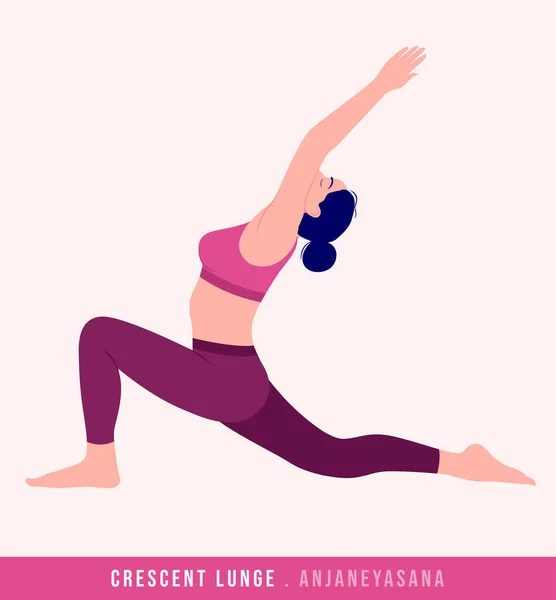 Crescent Lunge Anjaneyasana Yoga Pose Young Woman Practicing Yoga Exercise — Stock Vector