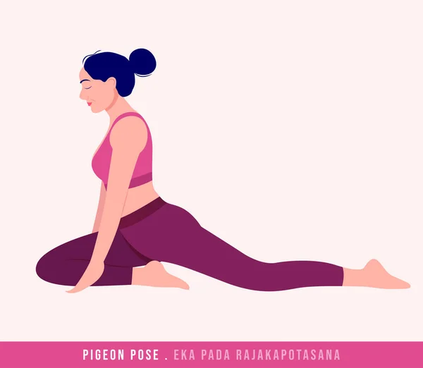 Postura Paloma Postura Eka Pada Rajakapotasana Yoga Mujer Joven Practicando — Archivo Imágenes Vectoriales