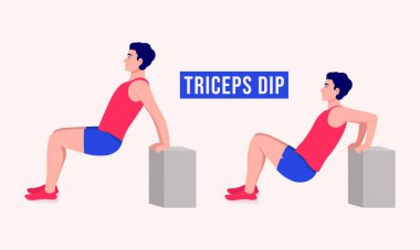 Triceps Dip egzersizi yapan erkekler spor yapan erkekler, aerobik yapan ve egzersiz yapan erkekler. Vektör İllüstrasyonu.
