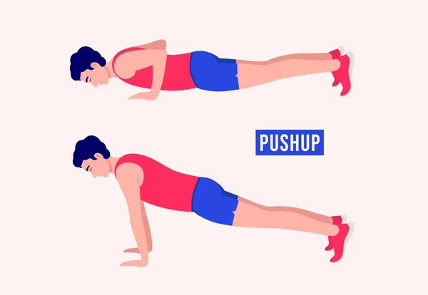 Erkekler PUSHUP egzersizi yapıyor, Erkekler spor yapıyor, aerobik yapıyor ve egzersiz yapıyor. Vektör İllüstrasyonu.