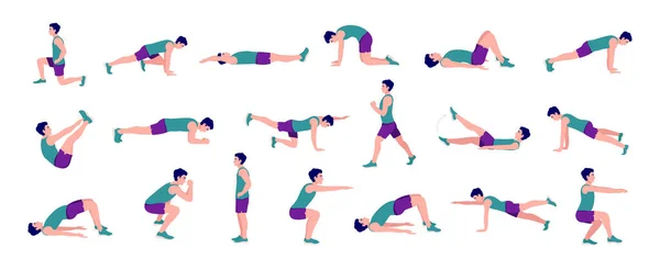 Antrenman Adamları hazır. Erkekler spor yapıyor, yoga yapıyor. Akciğerler ve çömelmeler, kalas, şınav, dağcı, V-up, Bird Dog, Çıtırtı ve ABC. Tüm vücut egzersizi.