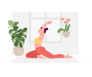Yoga Günü için yoga yapan kadın illüstrasyonlu yaratıcı poster ya da afiş tasarımı.