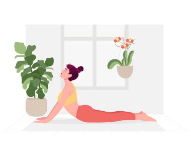 Yoga Günü için yoga yapan kadın illüstrasyonlu yaratıcı poster ya da afiş tasarımı.