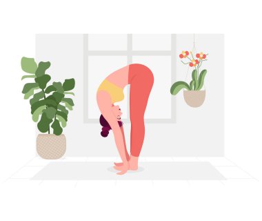 Yoga Günü için yoga yapan kadın illüstrasyonlu yaratıcı poster ya da afiş tasarımı.