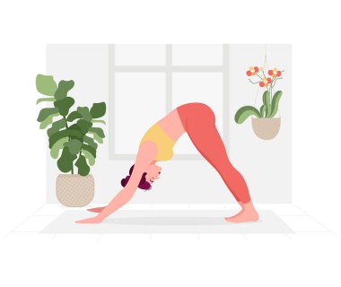 Yoga Günü için yoga yapan kadın illüstrasyonlu yaratıcı poster ya da afiş tasarımı.