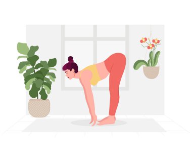 Yoga Günü için yoga yapan kadın illüstrasyonlu yaratıcı poster ya da afiş tasarımı.