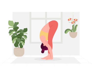 Yoga Günü için yoga yapan kadın illüstrasyonlu yaratıcı poster ya da afiş tasarımı.