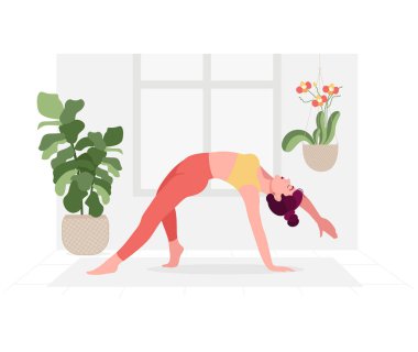 Yoga Günü için yoga yapan kadın illüstrasyonlu yaratıcı poster ya da afiş tasarımı.