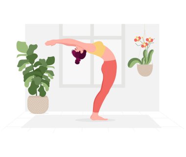 Yoga Günü için yoga yapan kadın illüstrasyonlu yaratıcı poster ya da afiş tasarımı.