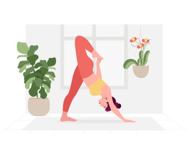 Yoga Günü için yoga yapan kadın illüstrasyonlu yaratıcı poster ya da afiş tasarımı.