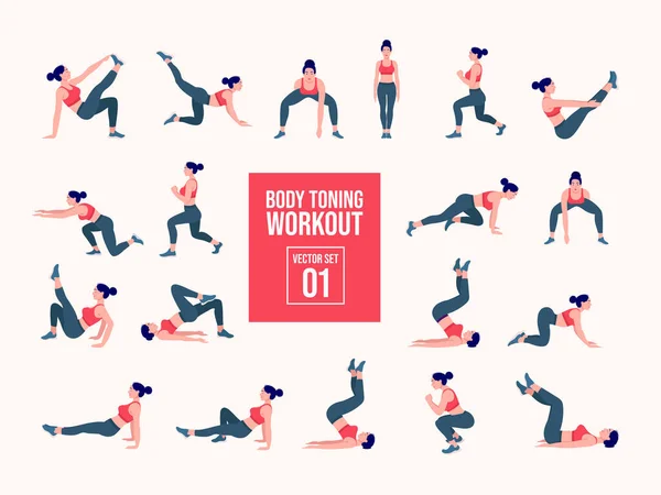 Antrenman kızı seti. Kadın spor yapıyor, yoga yapıyor. Akciğerler ve çömelmeler, kalas ve kalas. Tüm vücut egzersizi.