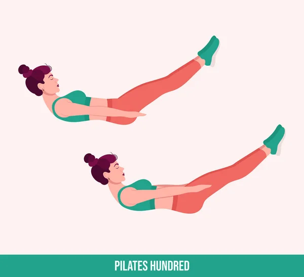 Pilates Cien Ejercicios Fitness Mujer Aeróbicos Ejercicios Ilustración Vectorial — Vector de stock