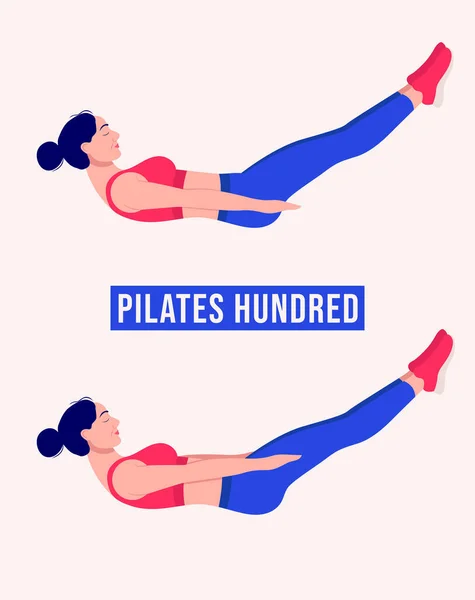 Pilates Cien Ejercicios Fitness Mujer Aeróbicos Ejercicios Ilustración Vectorial — Vector de stock