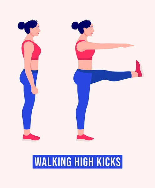 Walking High Kicks Übung Women Workout Fitness Aerobic Und Übungen — Stockvektor