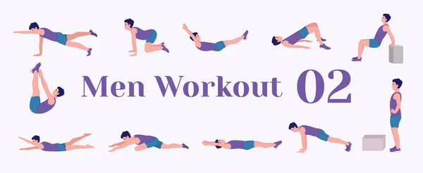 Antrenman ekibi hazır. Erkekler spor yapıyor, yoga yapıyor. Akciğerler, şınav, Squats, Dumbbell sıraları, Burpee tahtaları, Situp 'lar, Glute köprüsü, Leg Raise, Russian Twist, Side Crunch, Mountain Climbers.vs.