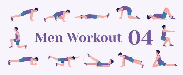 Antrenman ekibi hazır. Erkekler spor yapıyor, yoga yapıyor. Akciğerler, şınav, Squats, Dumbbell sıraları, Burpee tahtaları, Situp 'lar, Glute köprüsü, Leg Raise, Russian Twist, Side Crunch, Mountain Climbers.vs.