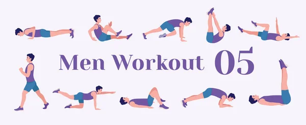 Workout Men Set Men Doing Fitness Yoga Exercises Lunges Pushups — Stock Vector