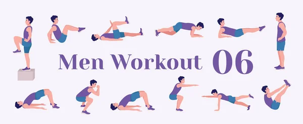Antrenman ekibi hazır. Erkekler spor yapıyor, yoga yapıyor. Akciğerler, şınav, Squats, Dumbbell sıraları, Burpee tahtaları, Situp 'lar, Glute köprüsü, Leg Raise, Russian Twist, Side Crunch, Mountain Climbers.vs.