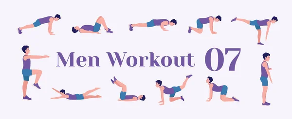Antrenman ekibi hazır. Erkekler spor yapıyor, yoga yapıyor. Akciğerler, şınav, Squats, Dumbbell sıraları, Burpee tahtaları, Situp 'lar, Glute köprüsü, Leg Raise, Russian Twist, Side Crunch, Mountain Climbers.vs.