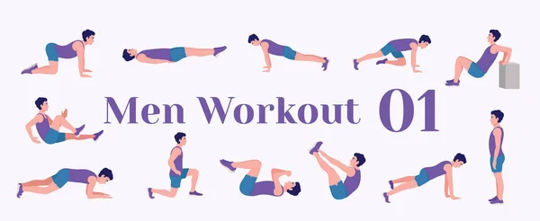 Antrenman ekibi hazır. Erkekler spor yapıyor, yoga yapıyor. Akciğerler, şınav, Squats, Dumbbell sıraları, Burpee tahtaları, Situp 'lar, Glute köprüsü, Leg Raise, Russian Twist, Side Crunch, Mountain Climbers.vs.