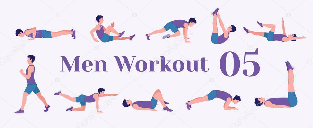 Workout men set. Men doing fitness and yoga exercises. Lunges, Pushups, Squats, Dumbbell rows, Burpees, Side planks, Situps, Glute bridge, Leg Raise, Russian Twist, Side Crunch, Mountain Climbers.etc